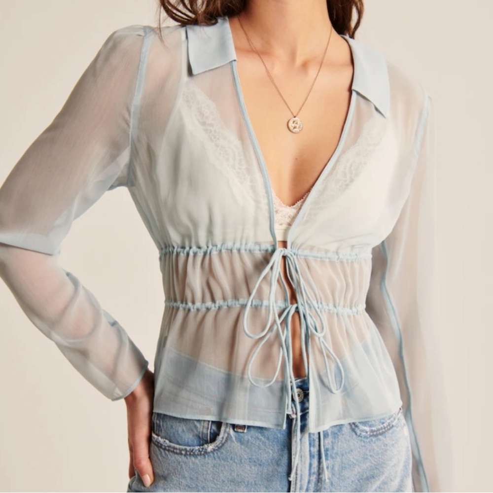 Abercrombie & Fitch AF Sheer Blue Lace-Up Blouse Small NWOT